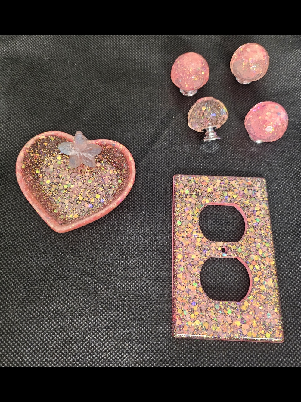 Pink Glitter Resin Heart Dish & Outlet Cover Set